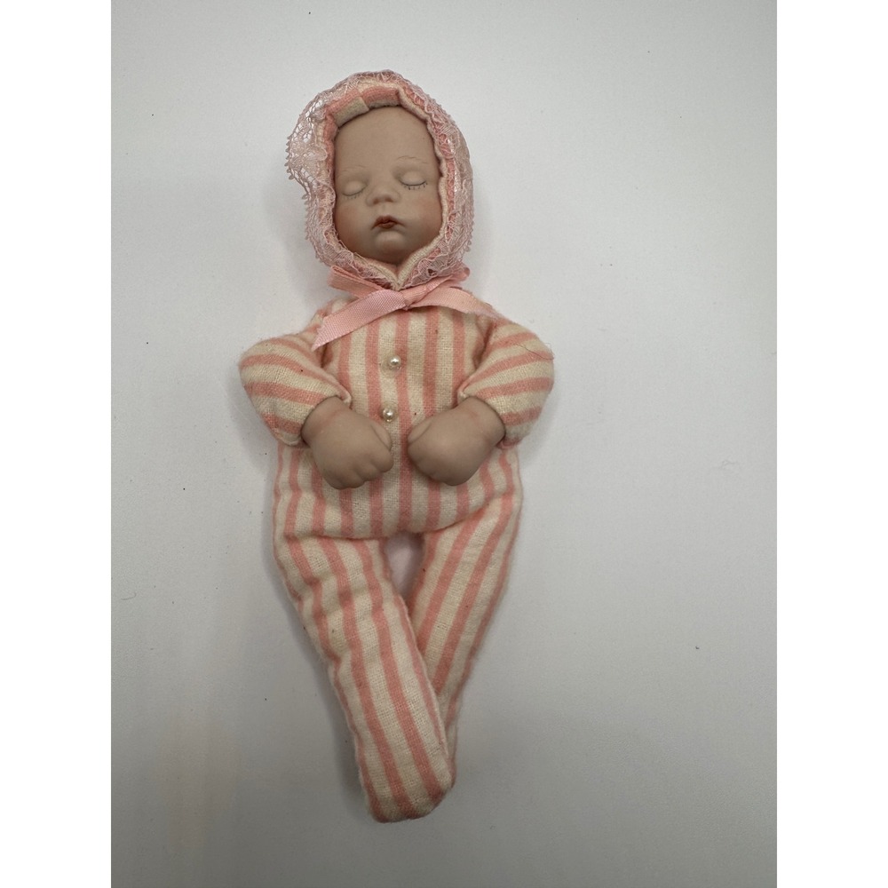 Vintage Miniature Sleeping Baby Doll Porcelain Head Hands Pink Striped Pajamas